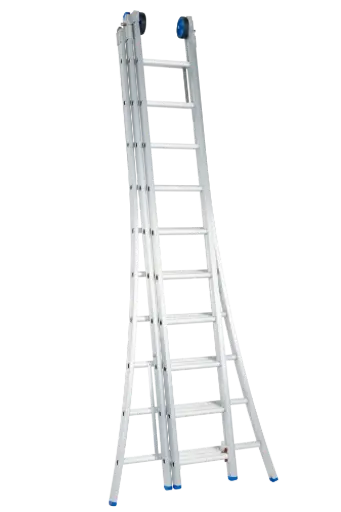 Echelle coulissante / 3 x 10, pieds évasés, transformable, roulettes de façade Solide